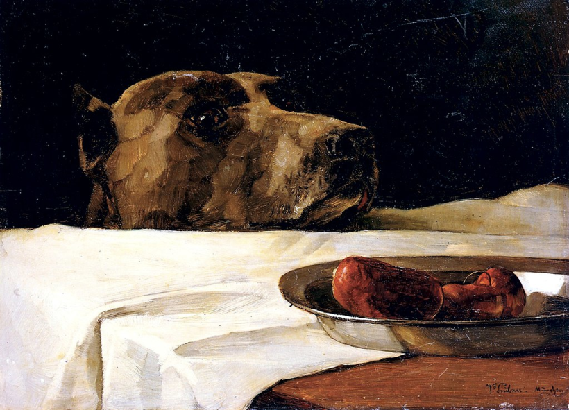 Historic painting of a Great Dane gazing at a plate of sausages on a table with a dark background. Historic painting of a Great Dane gazing at a plate of sausages on a table with a dark background.